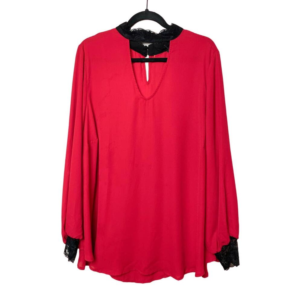 Torrid Plus Size Red Black Lace Trim Semi Sheer Blouse Top Shirt Holiday